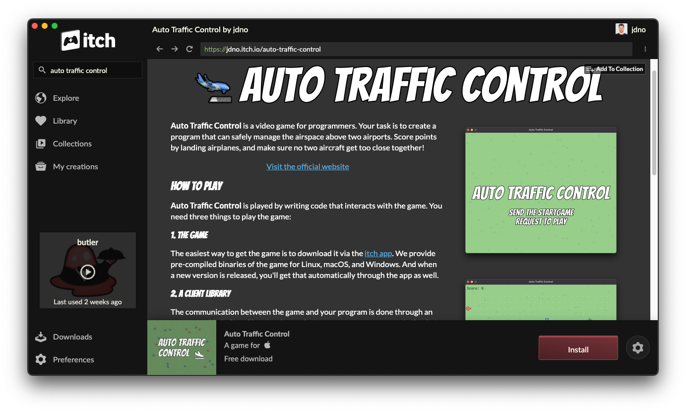 screenshot of the itch page for Auto Traffic Control