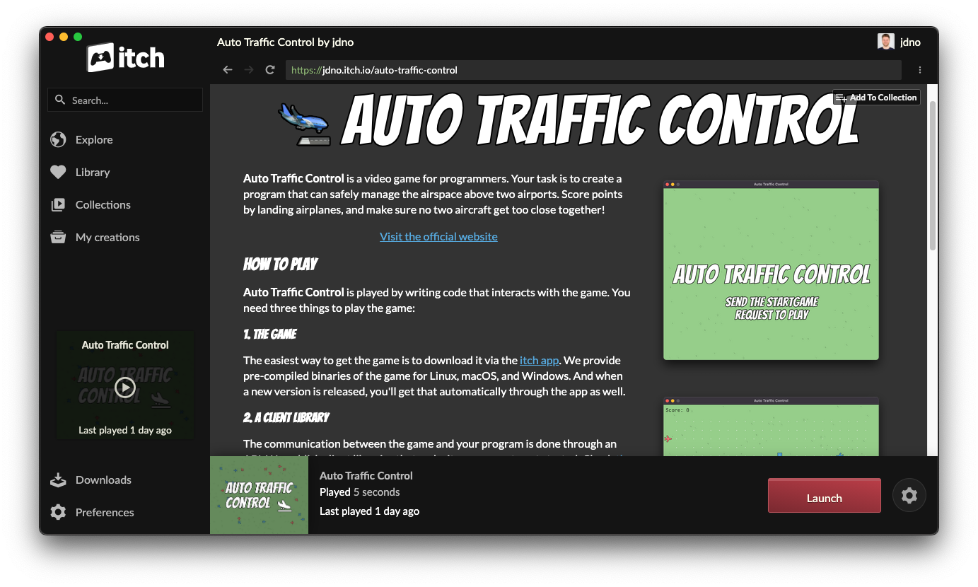 screenshot of the itch page for Auto Traffic Control